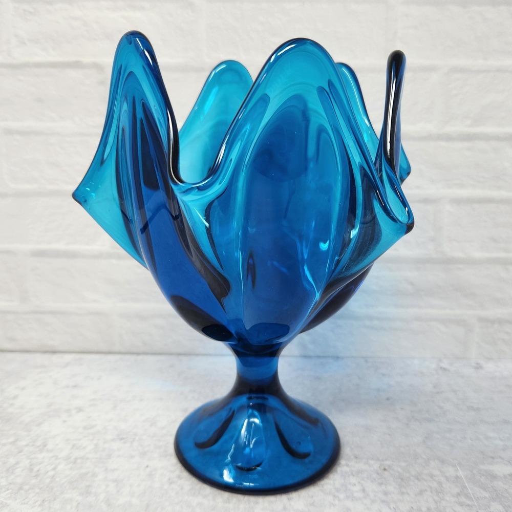 7" Viking Glass Mid Century Bluenique Handkerchief Pedestal Vase Swung Glass‎